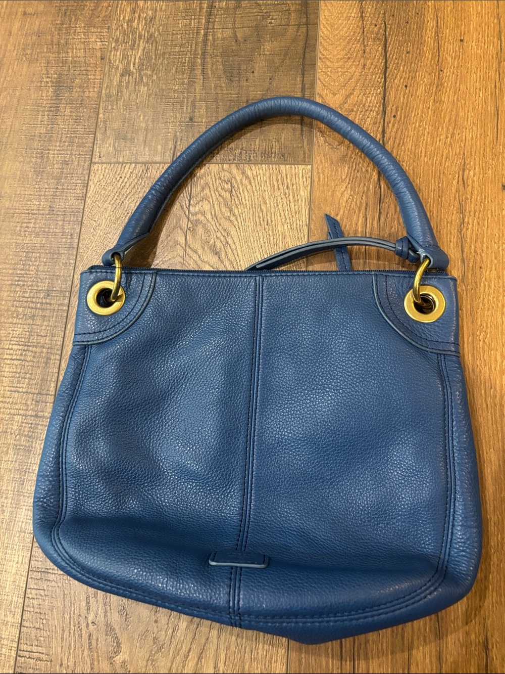 Fossil Blue Pebbled Leather Zippered Shoulder Bag Gold Hardware - Picture 2 of 13